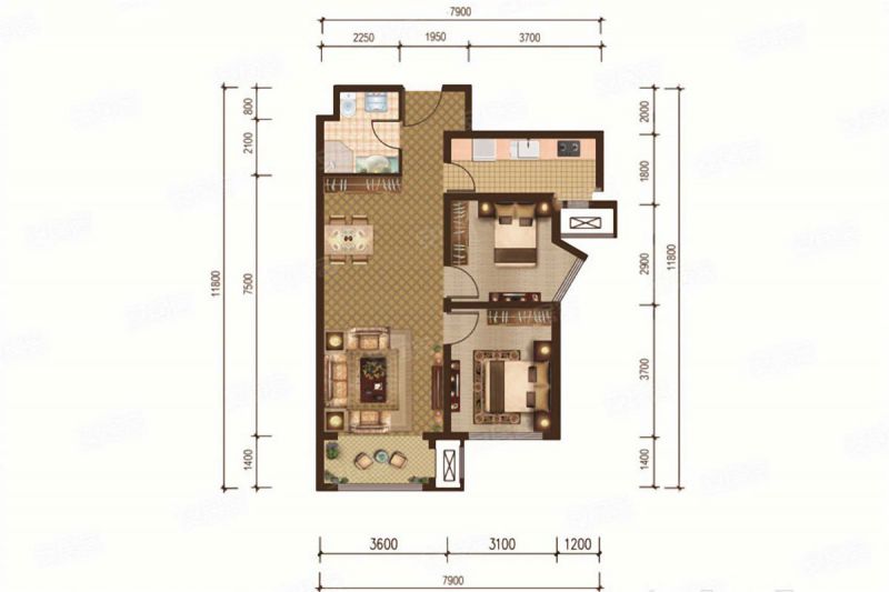 包頭裝修方案中環(huán)悅府A戶型戶型圖2室2廳1衛(wèi)86m2